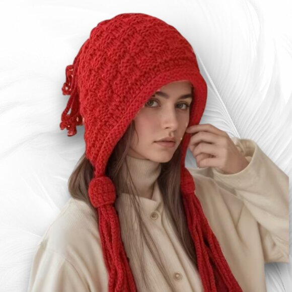 Accessories - Red Knitted Winter Hat with Long Braided Tassels – Soft & Warm